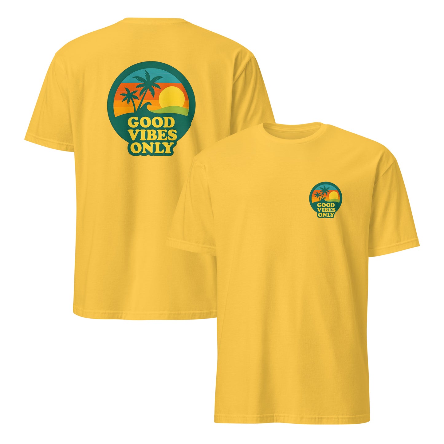 Yellow t-shirt with 'Good Vibes Only' graphic on front and back