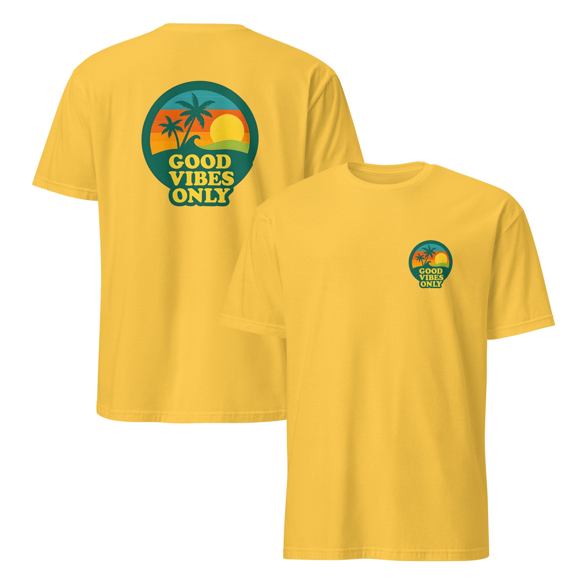 Yellow t-shirt with 'Good Vibes Only' graphic on front and back
