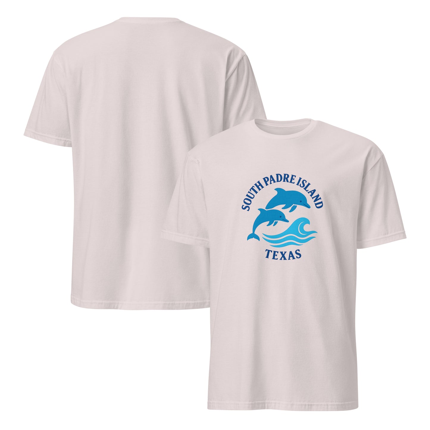 gray t-shirt with blue graphic and text on a white background
