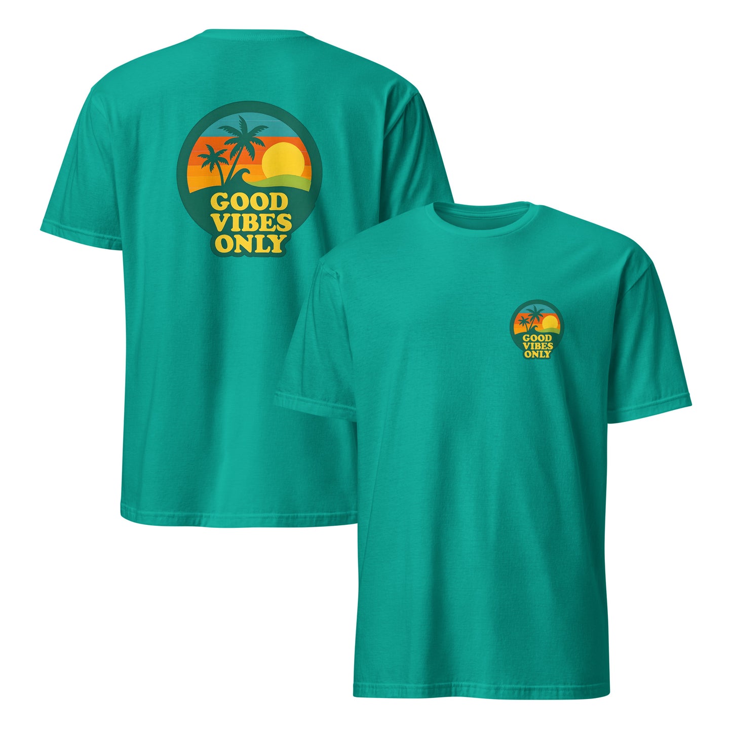 Teal t-shirt with 'Good Vibes Only' graphic on front and back