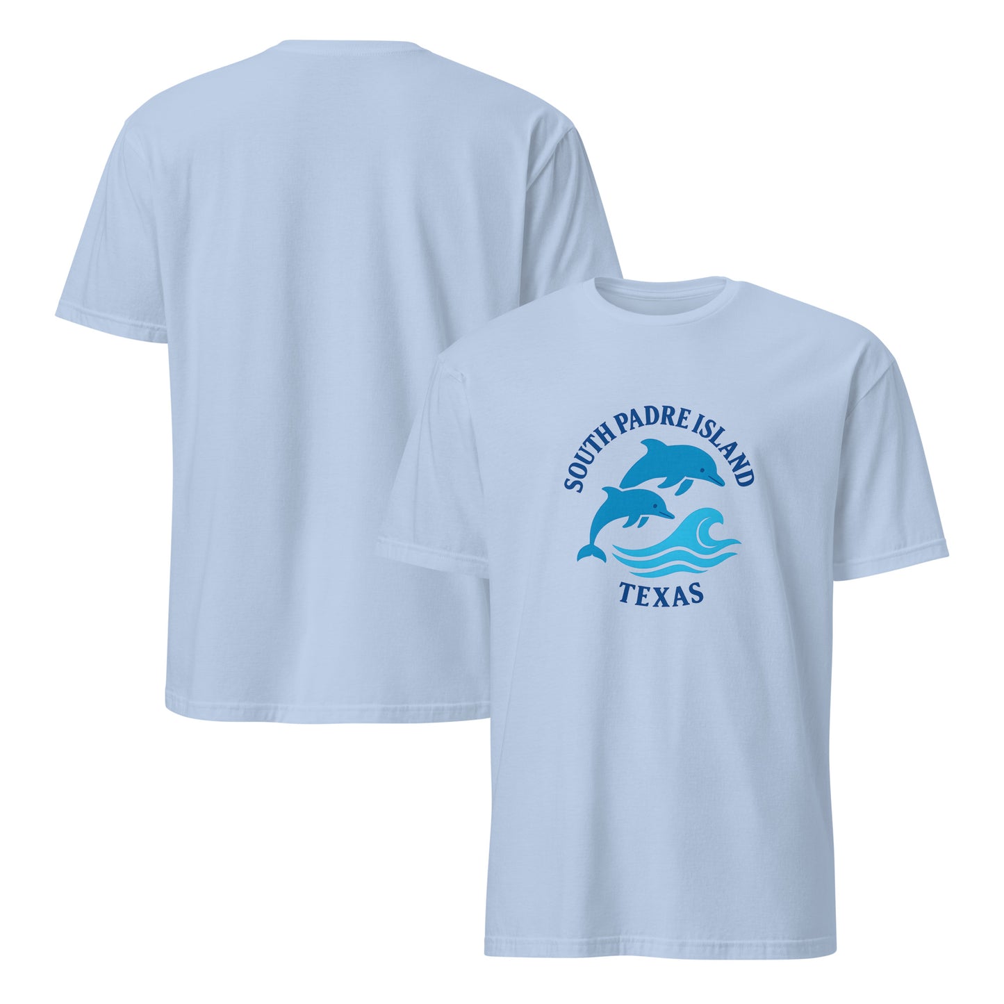 Light blue t-shirt with 'South Padre Island, Texas' and dolphin design on a white background