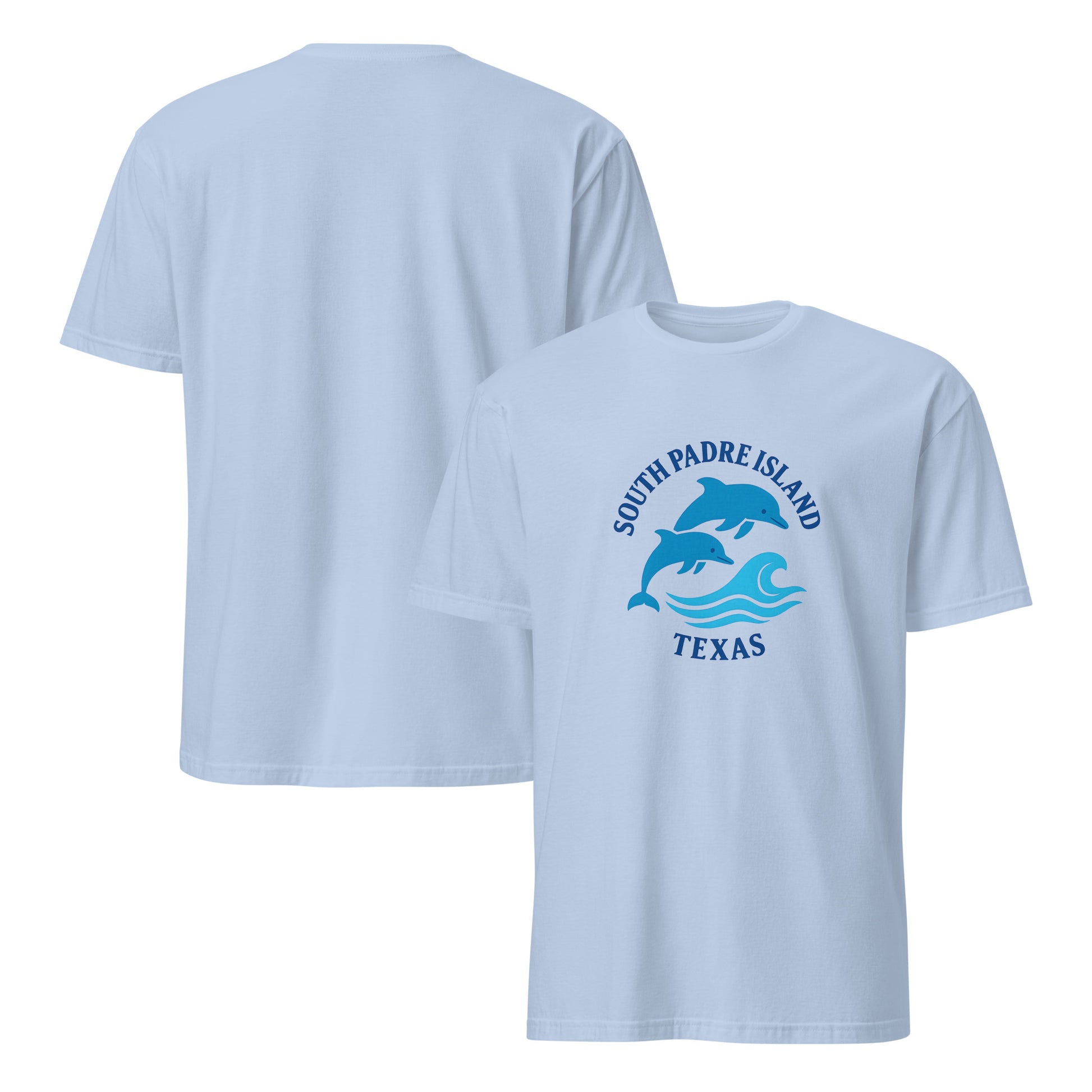 Light blue t-shirt with 'South Padre Island, Texas' and dolphin design on a white background
