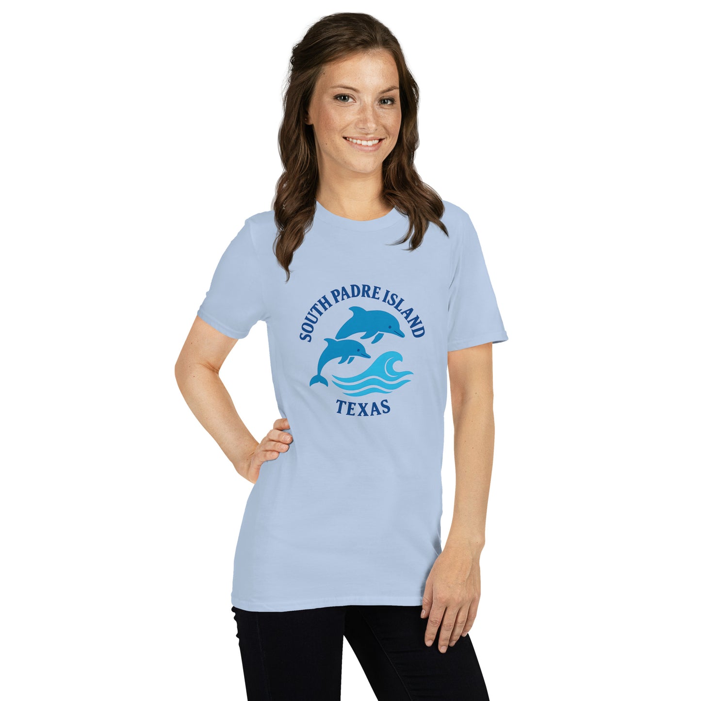 Woman wearing a light blue t-shirt with 'South Padre Island, Texas' and dolphin graphics.
