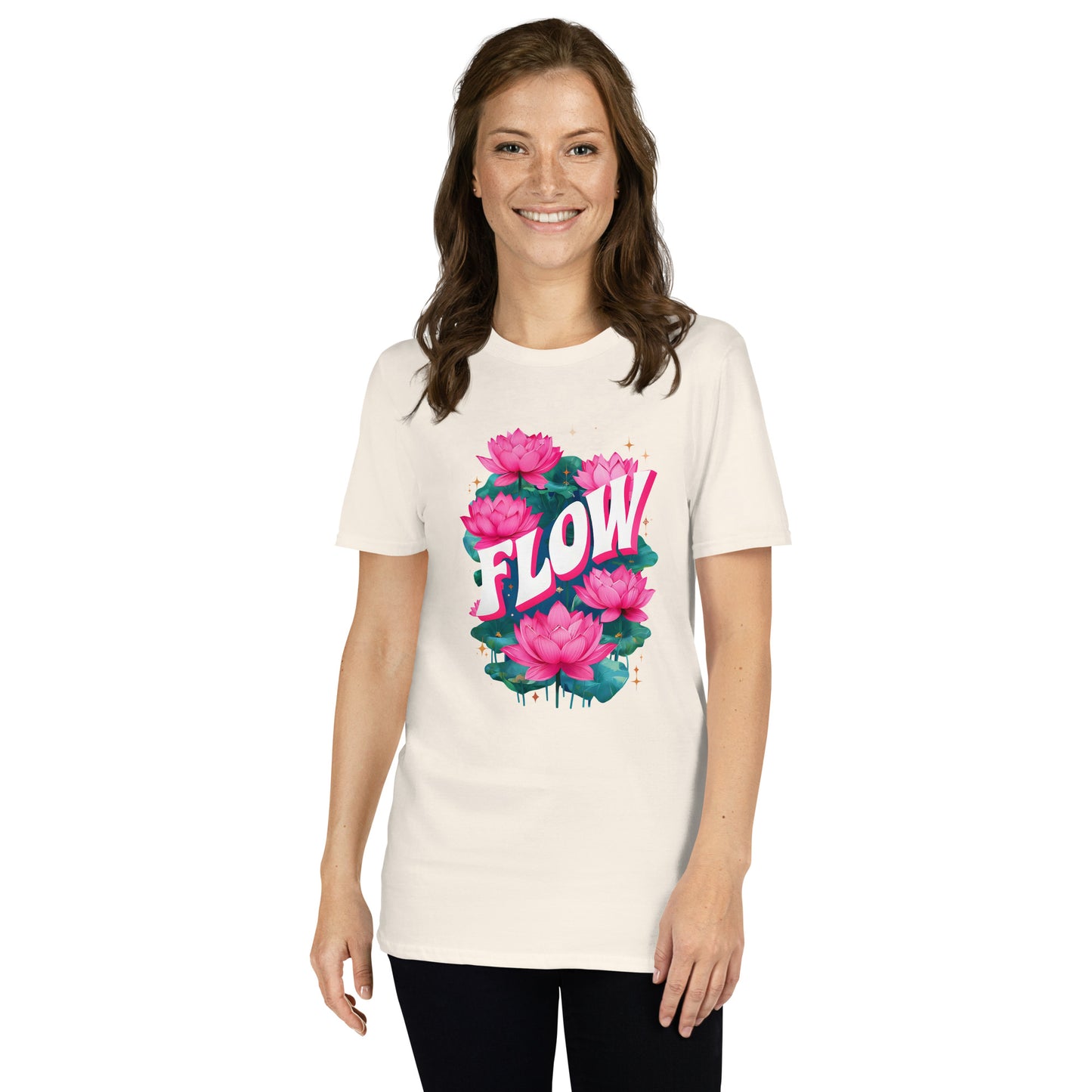 Woman wearing a natural t-shirt with pink floral design and 'FLOW' text on a white background