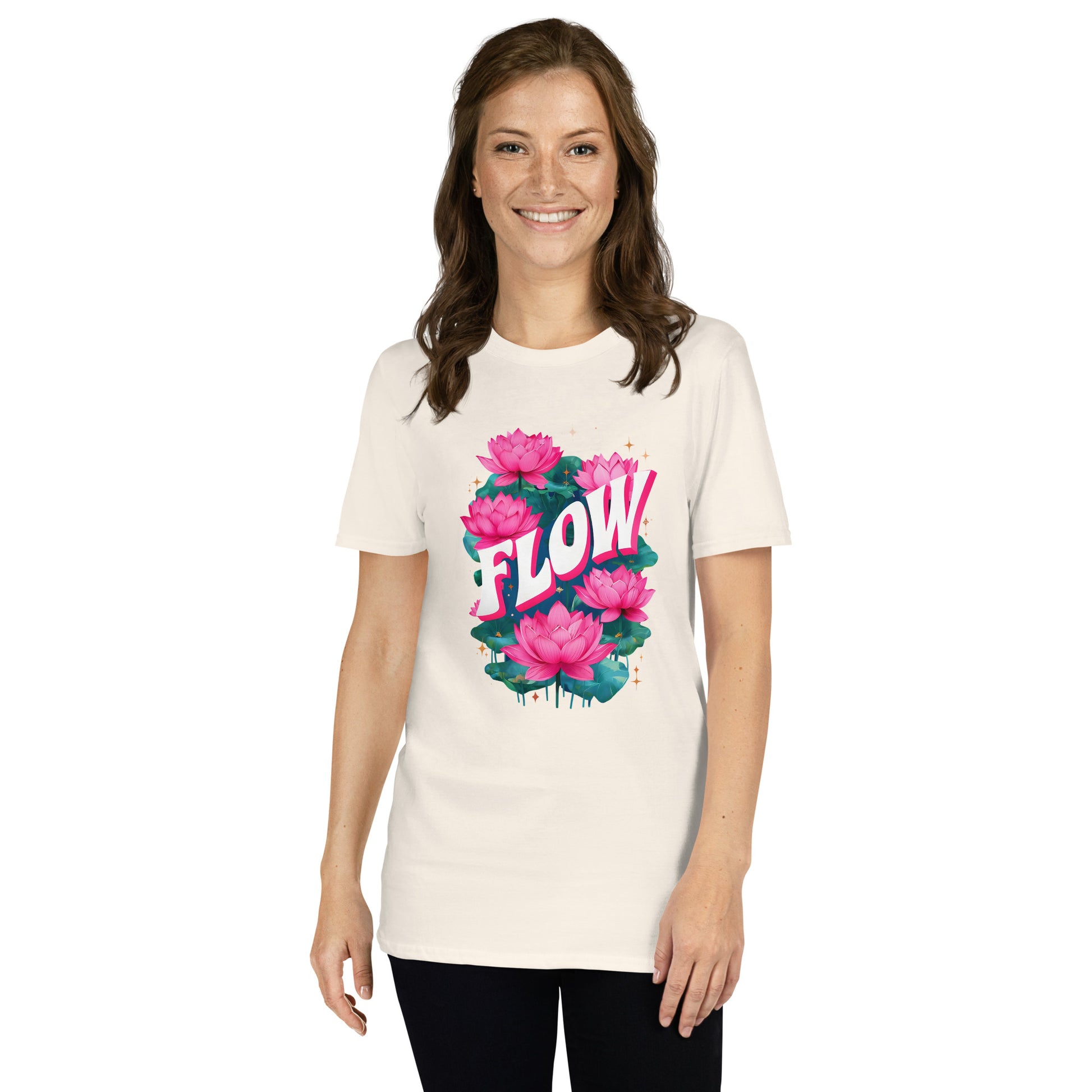 Woman wearing a natural t-shirt with pink floral design and 'FLOW' text on a white background