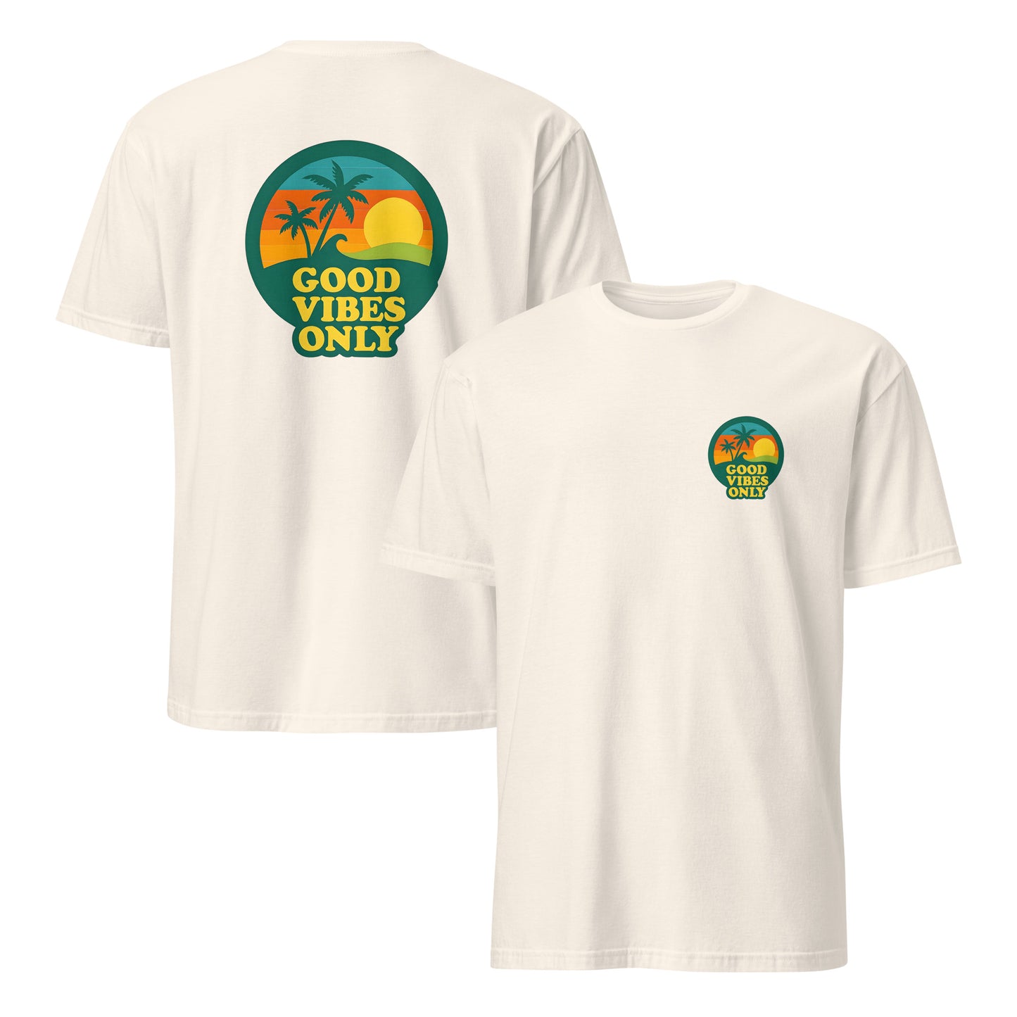 Natural color t-shirt with 'Good Vibes Only' graphic on a white background