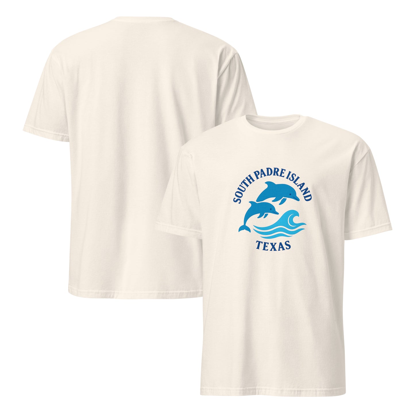 Natural t-shirt with blue graphic and text 'South Padre Island, Texas' on a white background