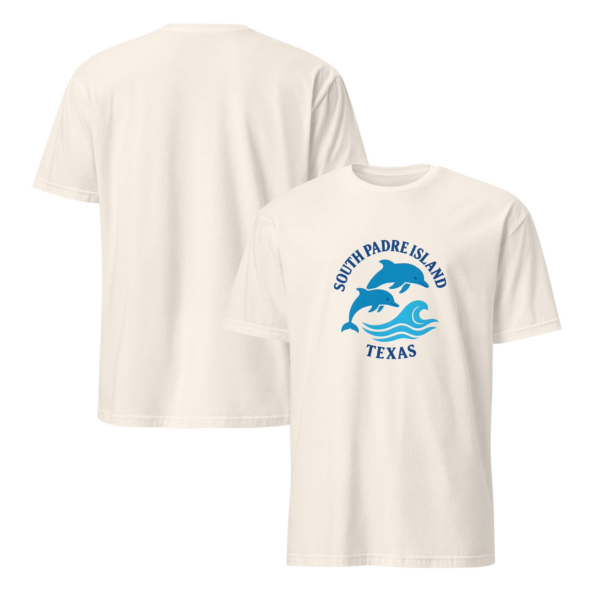 Natural t-shirt with blue graphic and text 'South Padre Island, Texas' on a white background