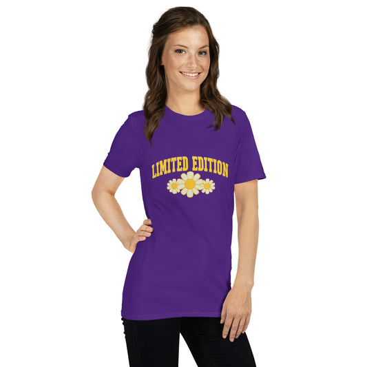 Woman wearing a purple t-shirt with 'Limited Edition' and a flower design on a white background
