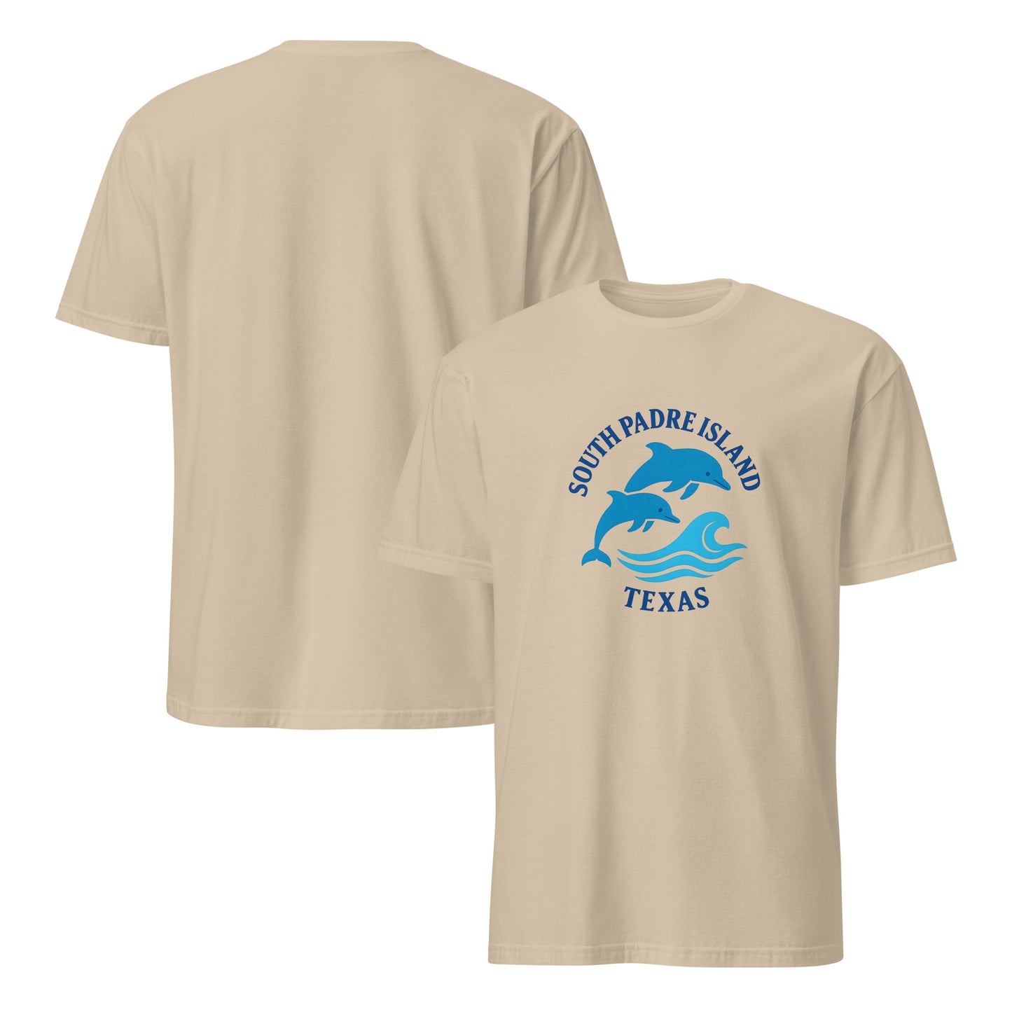 Beige t-shirt with blue graphic and text 'South Padre Island, Texas' on a white background