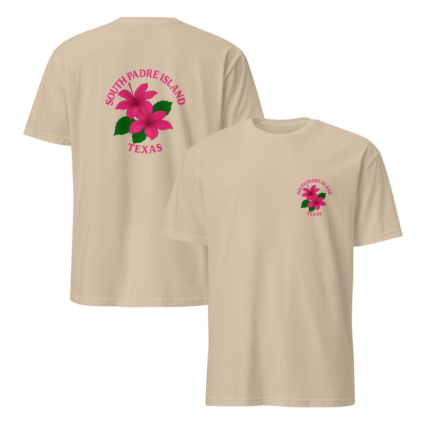 front and back of sand South Padre Island Floral T-Shirt | Beach Vibes