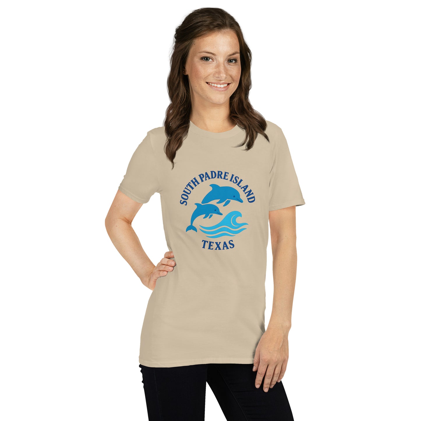 Woman wearing a beige t-shirt with a blue graphic and text on a white background