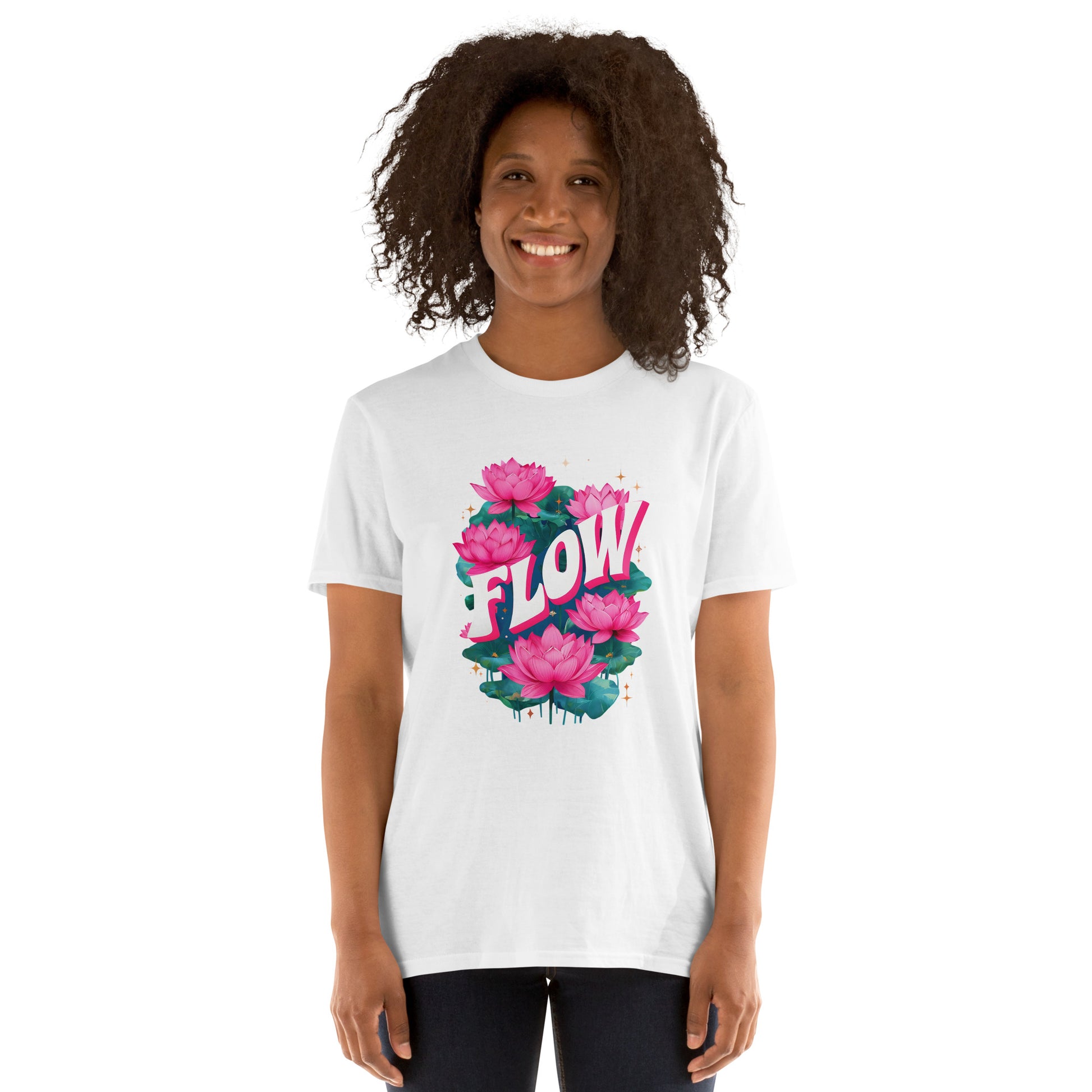 Person wearing a white t-shirt with pink floral design and 'FLOW' text on a white background