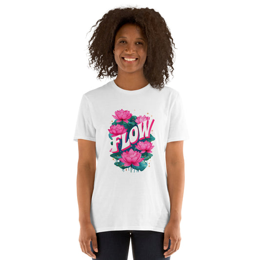Person wearing a white t-shirt with pink floral design and 'FLOW' text on a white background