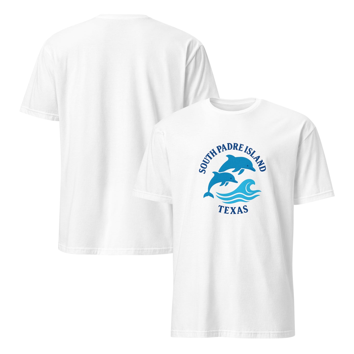 White t-shirt with blue dolphin graphic and text on a white background
