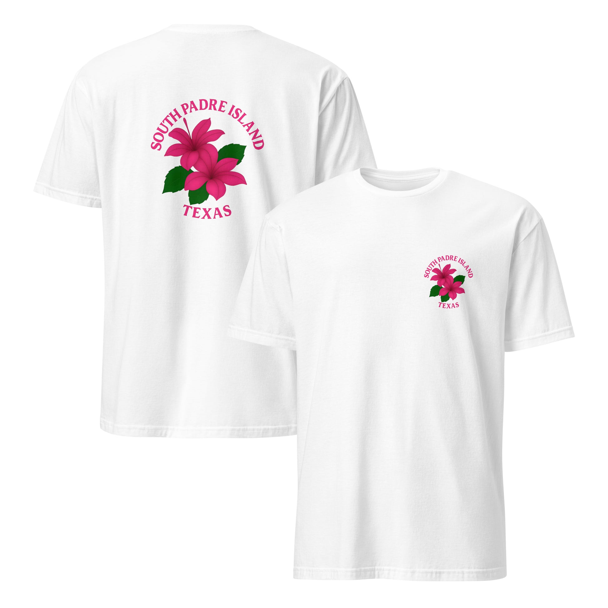 front and back of white South Padre Island Floral T-Shirt | Beach Vibes