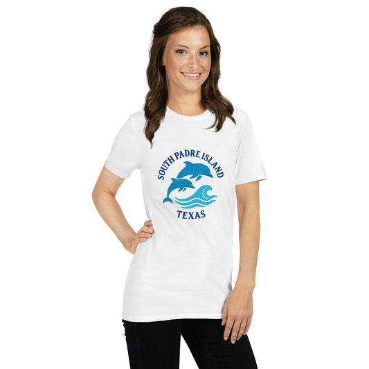 Woman wearing a white t-shirt with 'South Padre Island, Texas' and dolphin design on a white background