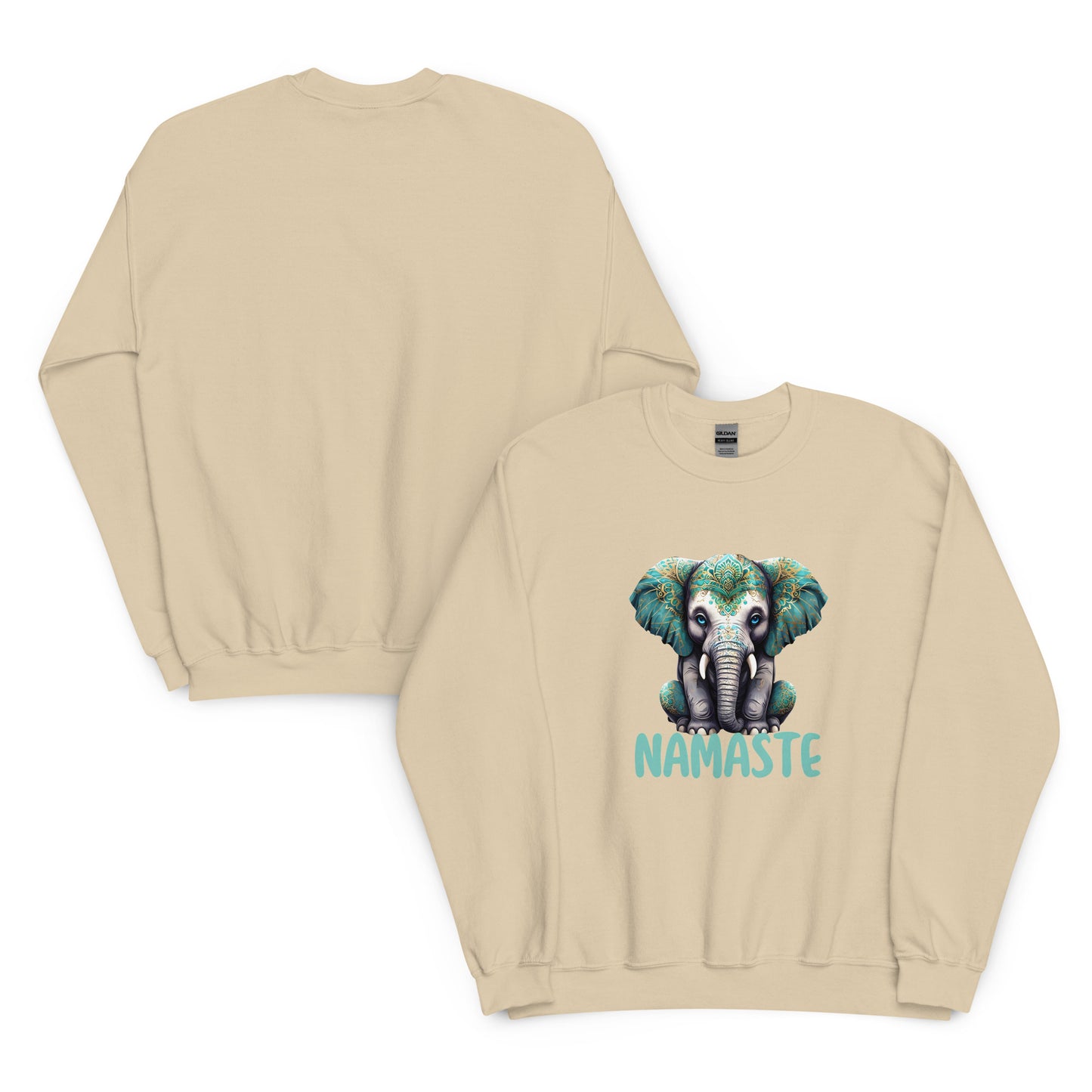 Beige sweatshirt with an elephant design and 'Namaste' text on a white background
