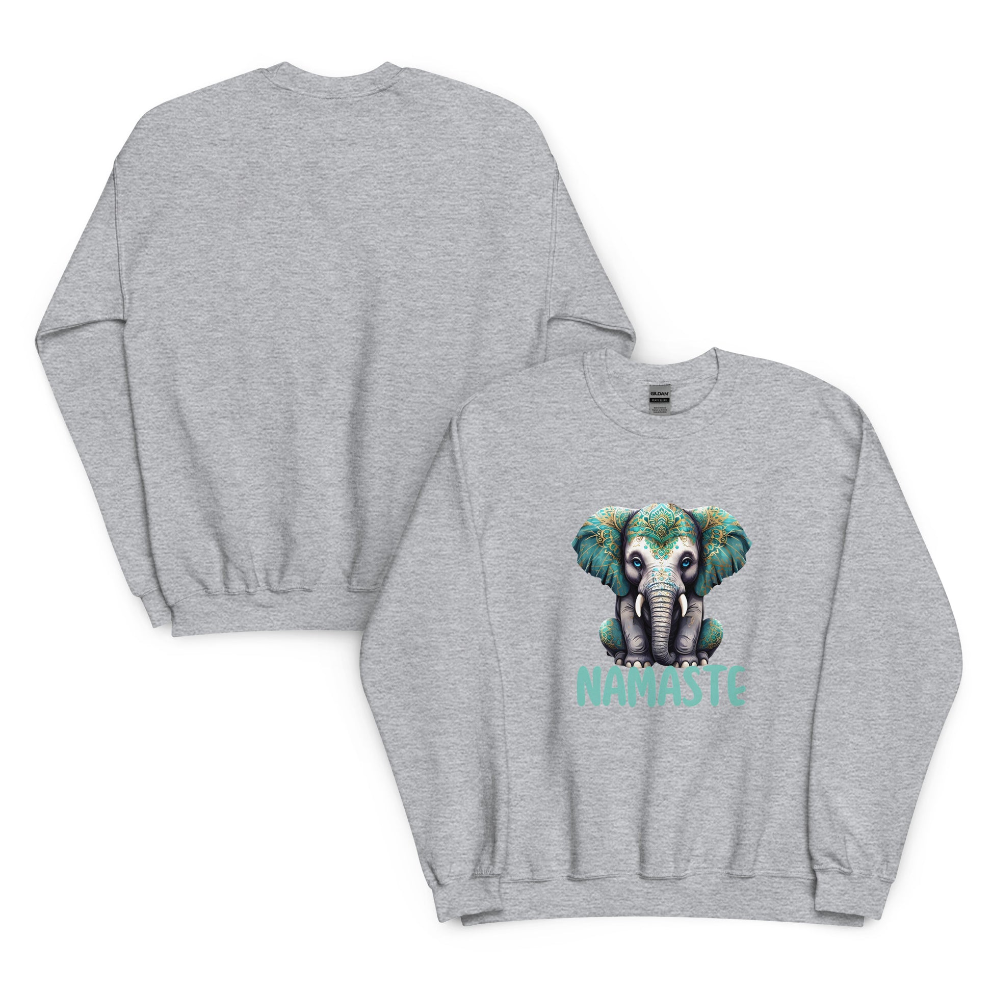 Gray sweatshirt with an elephant graphic and 'Namaste' text on a white background