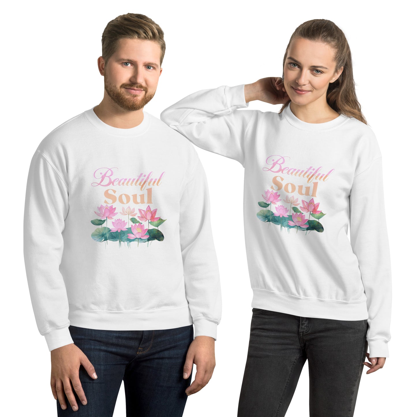 Two people wearing white sweatshirts with floral designs and text on a white background