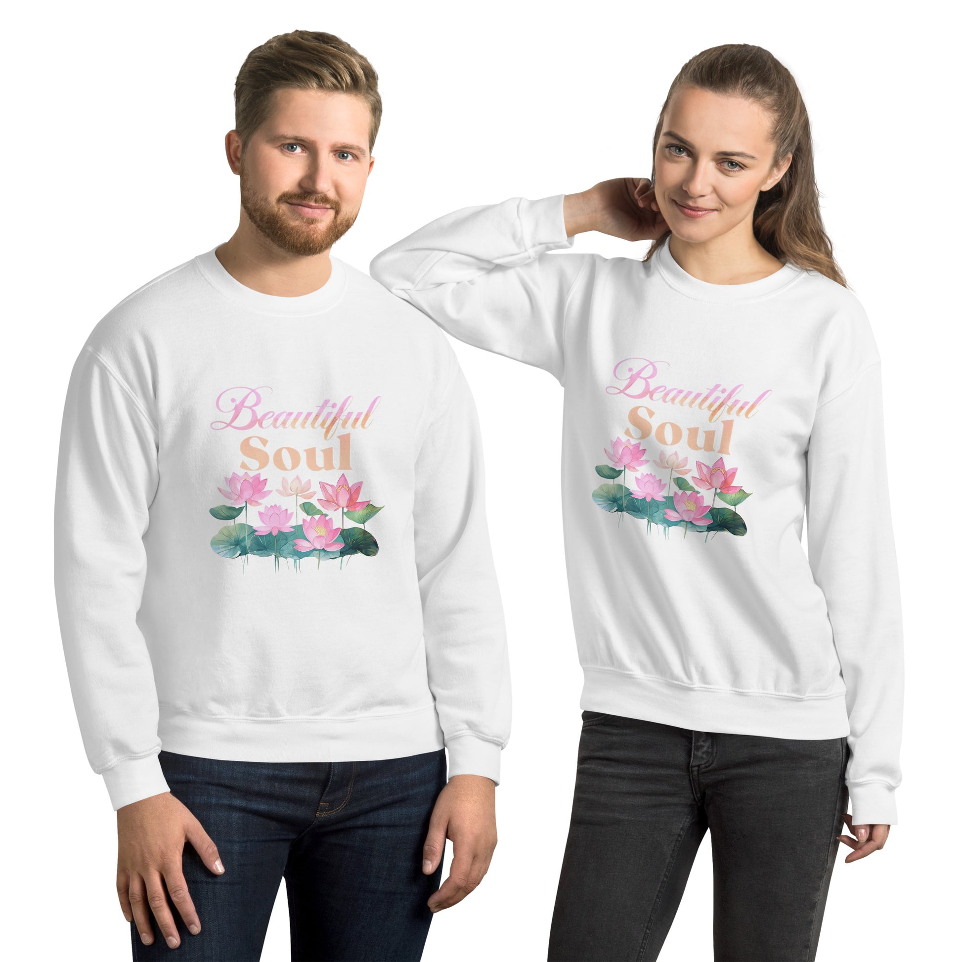 Two people wearing white sweatshirts with floral designs and text on a white background