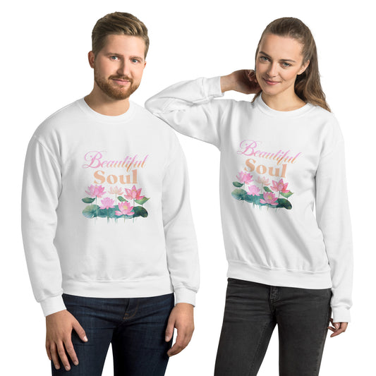 Two people wearing white sweatshirts with floral designs and text on a white background