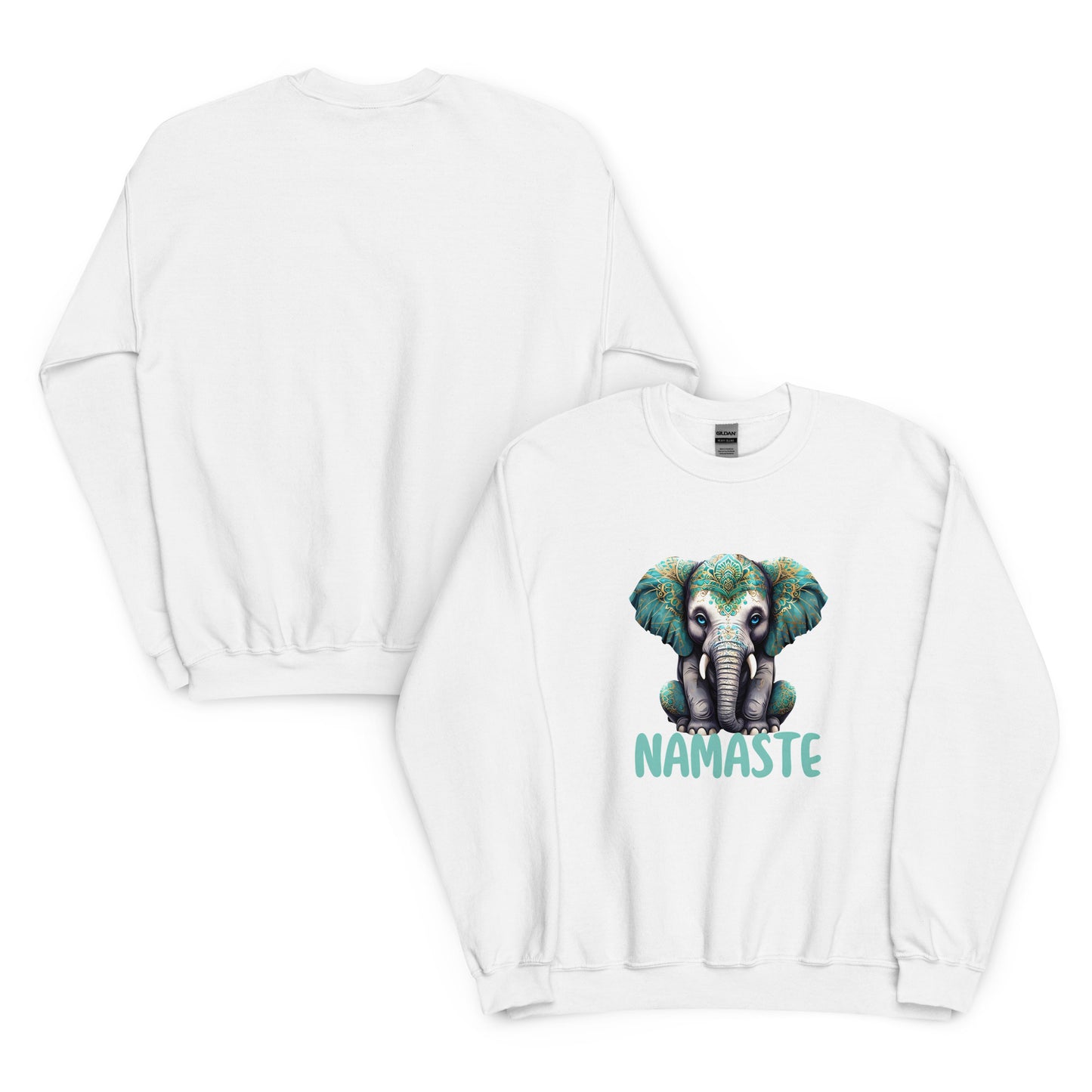 White sweatshirt with an elephant design and 'Namaste' text on a white background