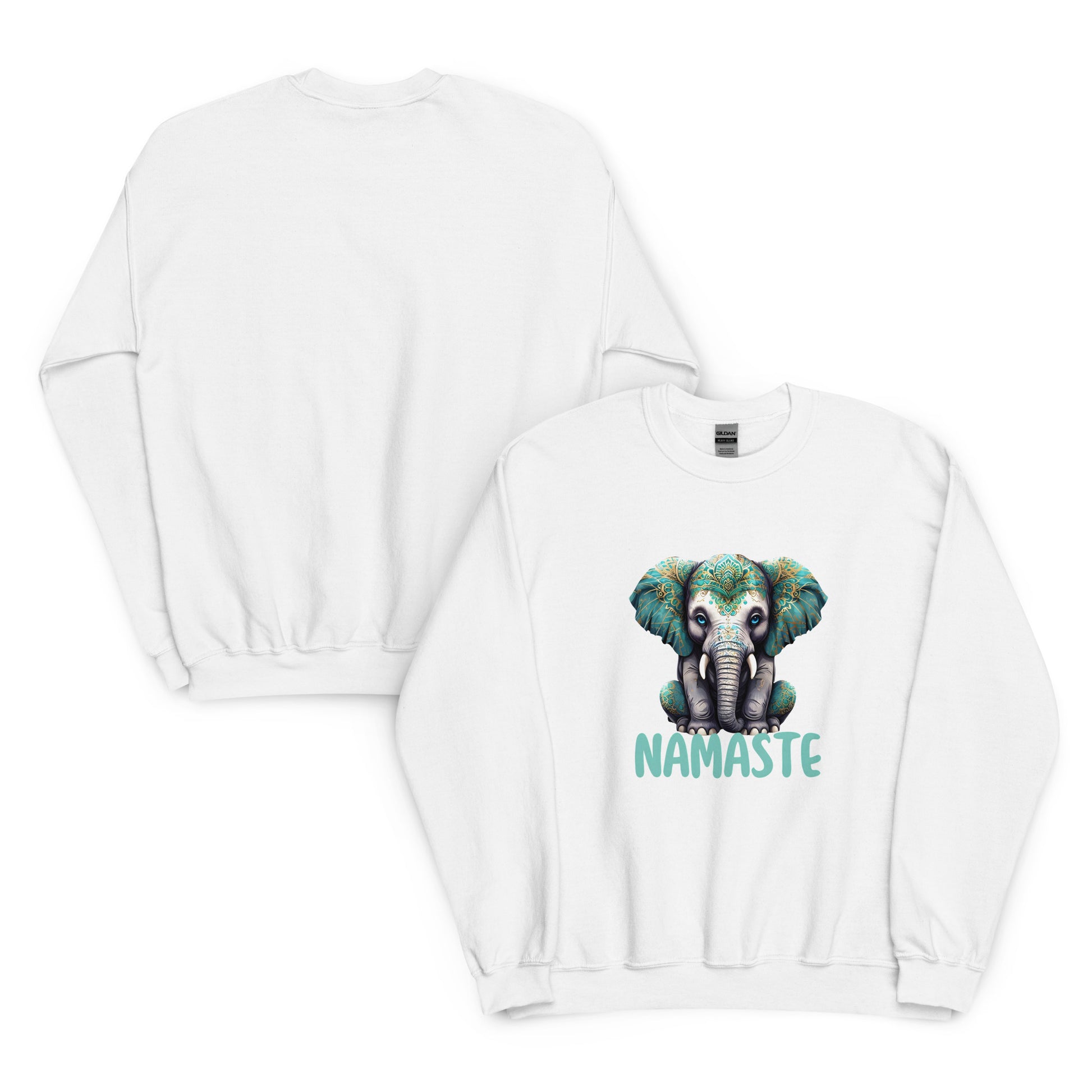 White sweatshirt with an elephant design and 'Namaste' text on a white background