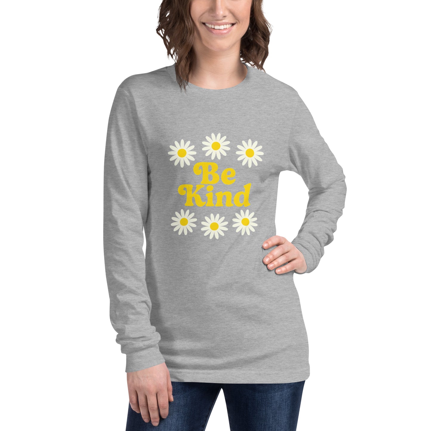 Person wearing a gray long-sleeve shirt with 'Be Kind' and daisy flowers on a white background