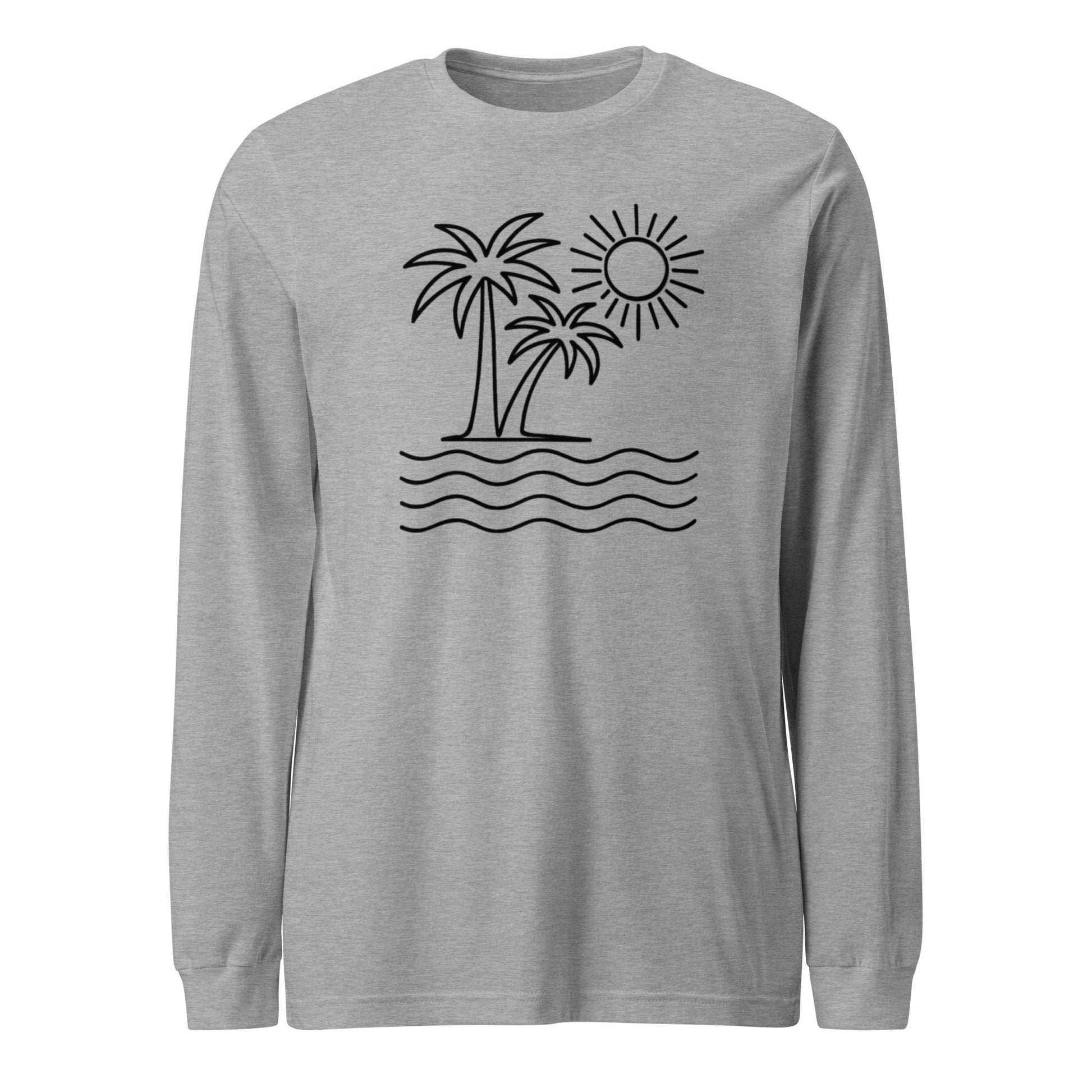 Gray long-sleeve shirt with black palm tree and sun design on a white background