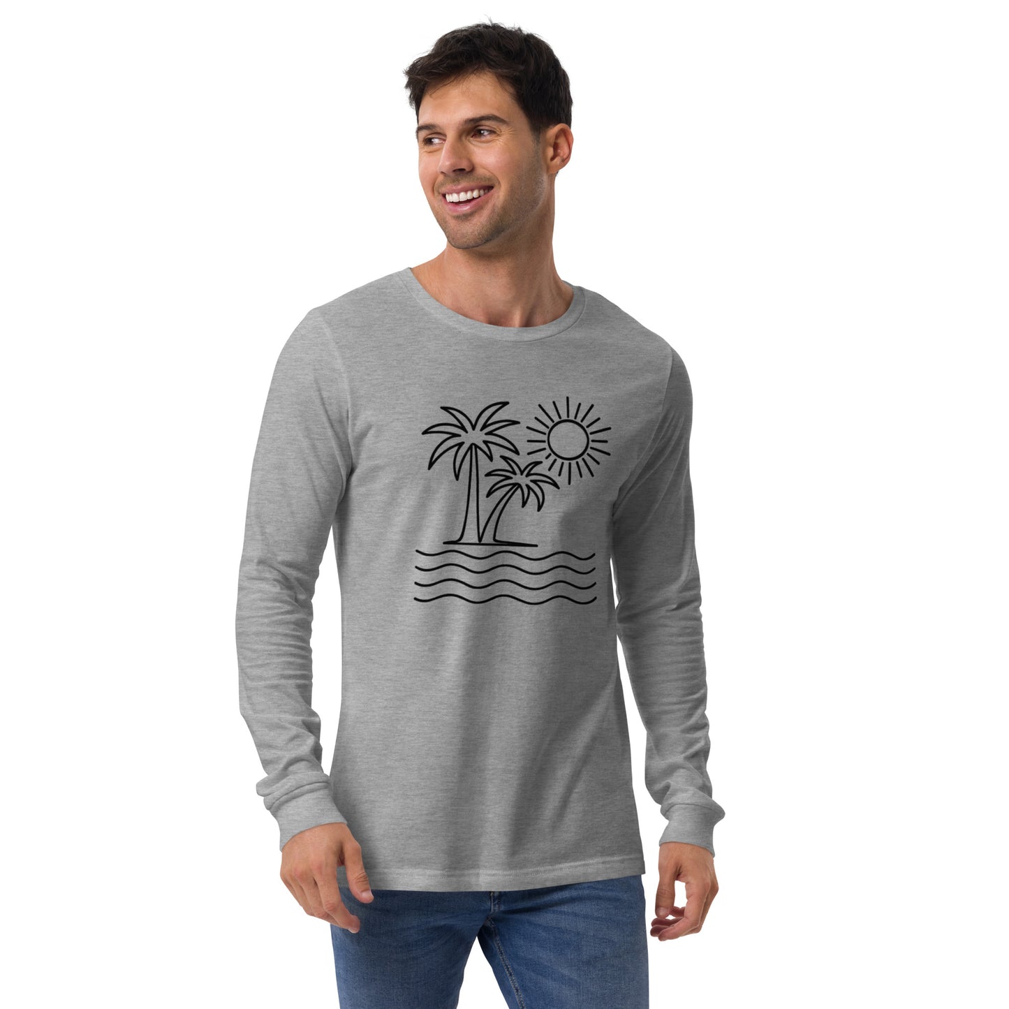 Man wearing a gray long-sleeve shirt with a palm tree and sun design on a white background