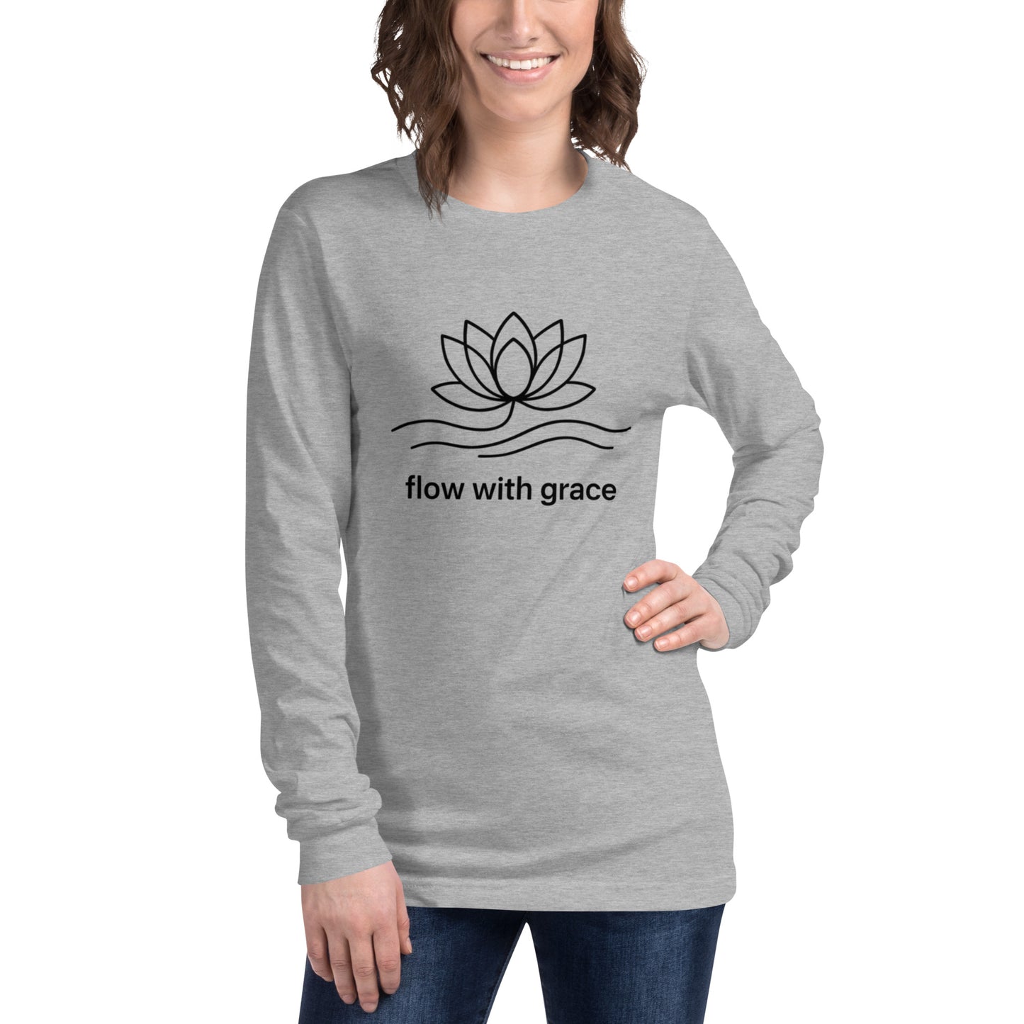 woman wearing gray Flow With Grace Long Sleeve Tee – Spiritual and Mindfulness