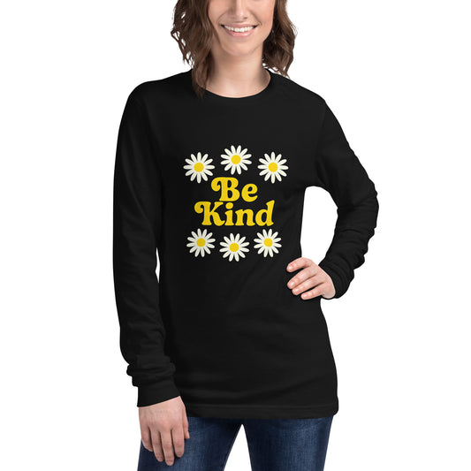 Person wearing a black long-sleeve shirt with 'Be Kind' and daisy flowers design on a white background