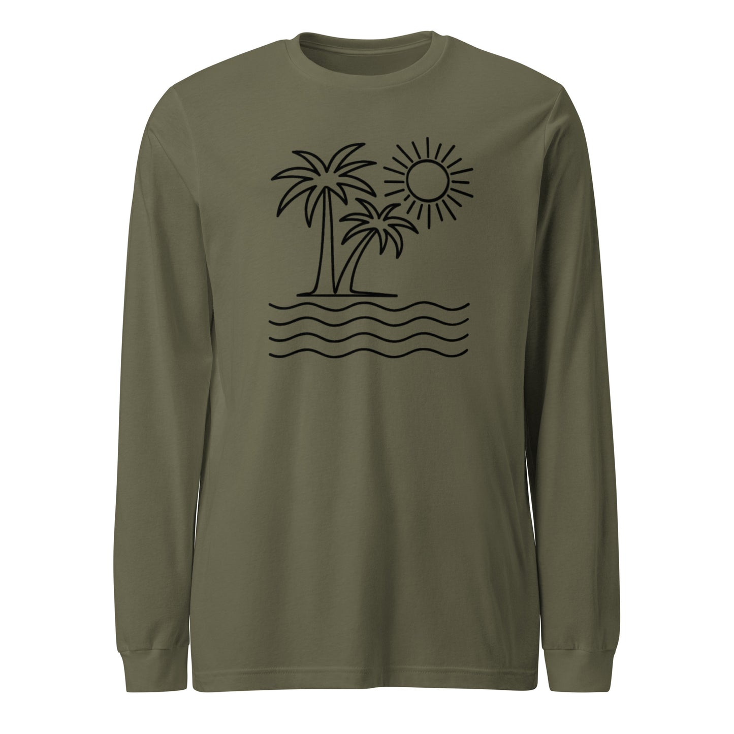 Green long-sleeve shirt with black palm tree and sun design on a white background