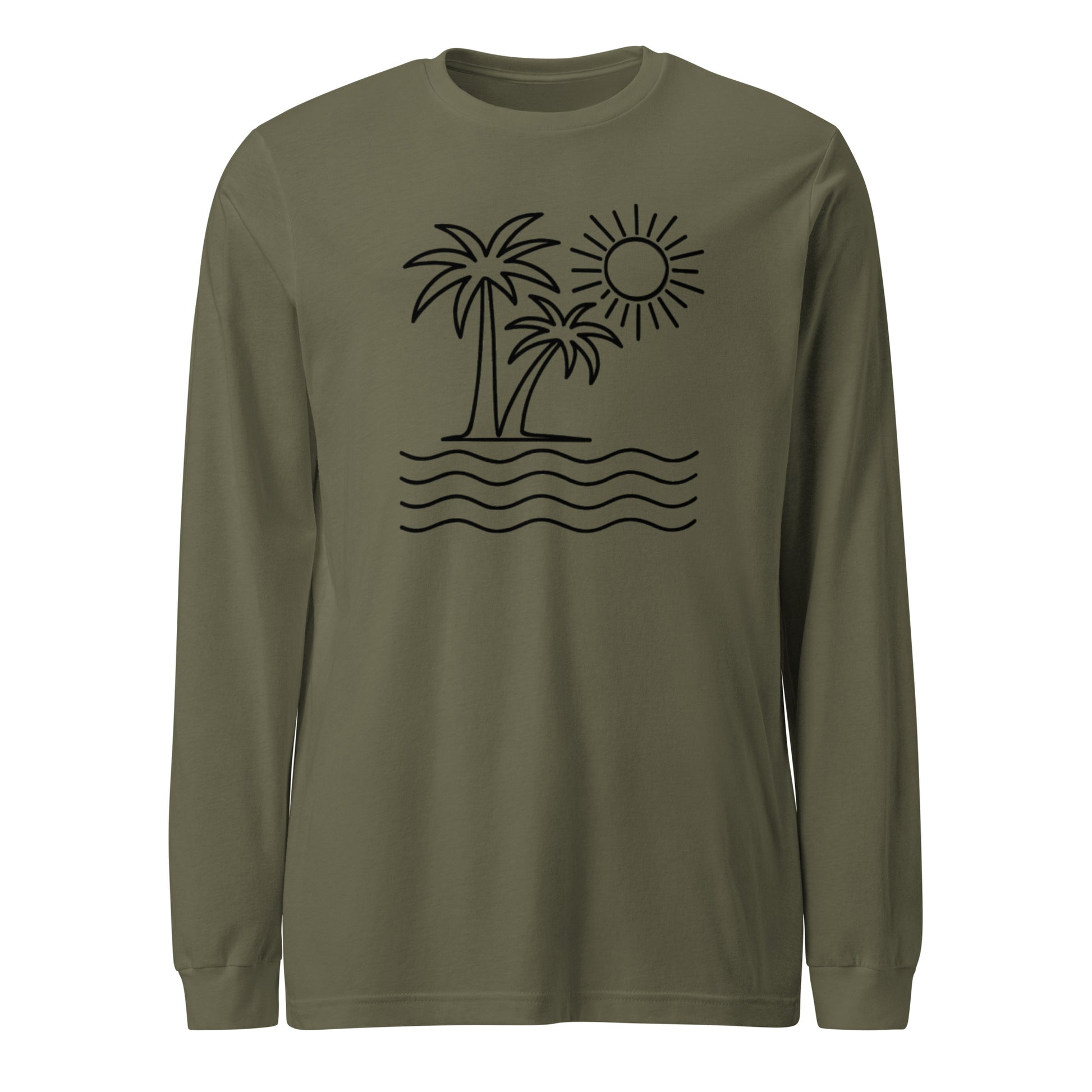 Green long-sleeve shirt with black palm tree and sun design on a white background