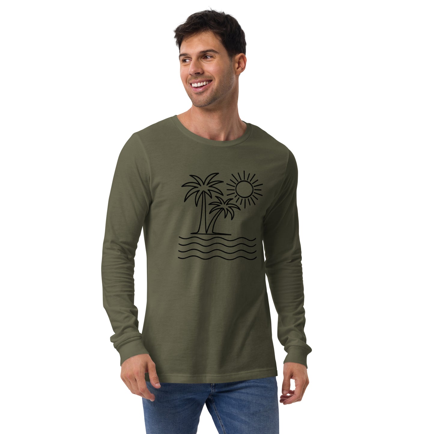 Man wearing an olive green long-sleeve shirt with a palm tree and sun design on a white background