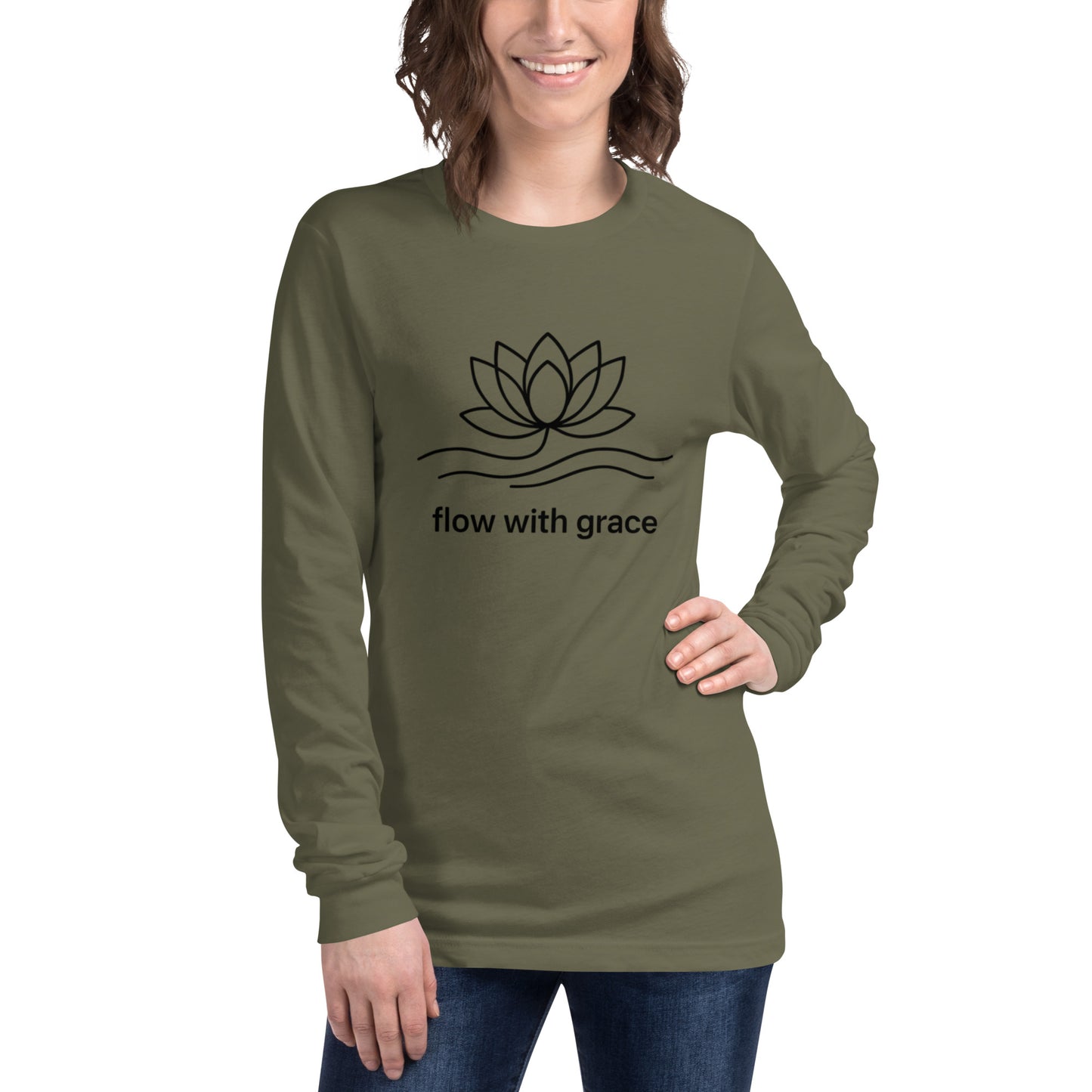 woman wearing green Flow With Grace Long Sleeve Tee – Spiritual and Mindfulness