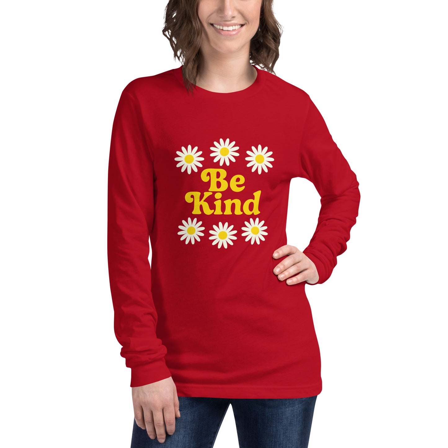 Red long-sleeve shirt with 'Be Kind' and daisy flowers on a white background