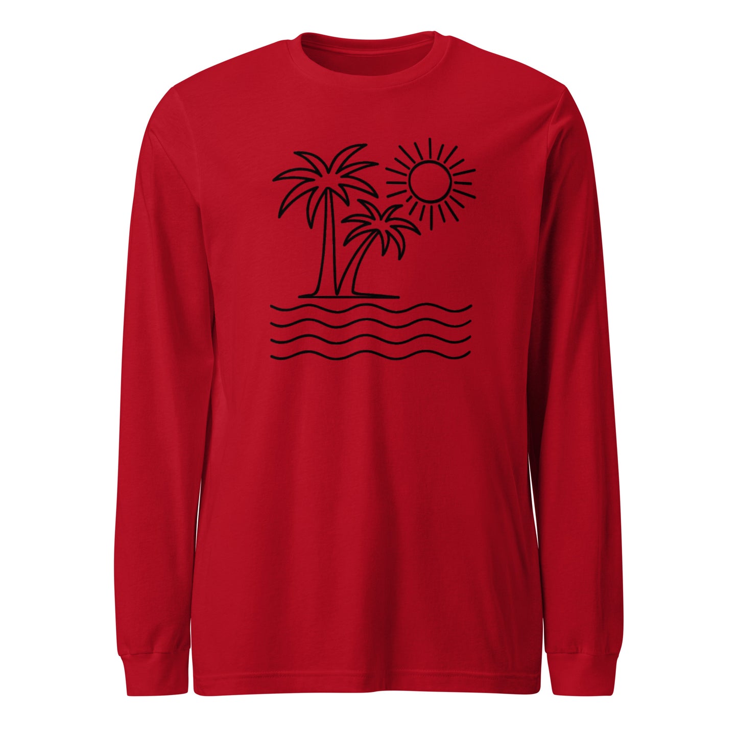 Red long-sleeve shirt with black palm tree and sun design on a white background