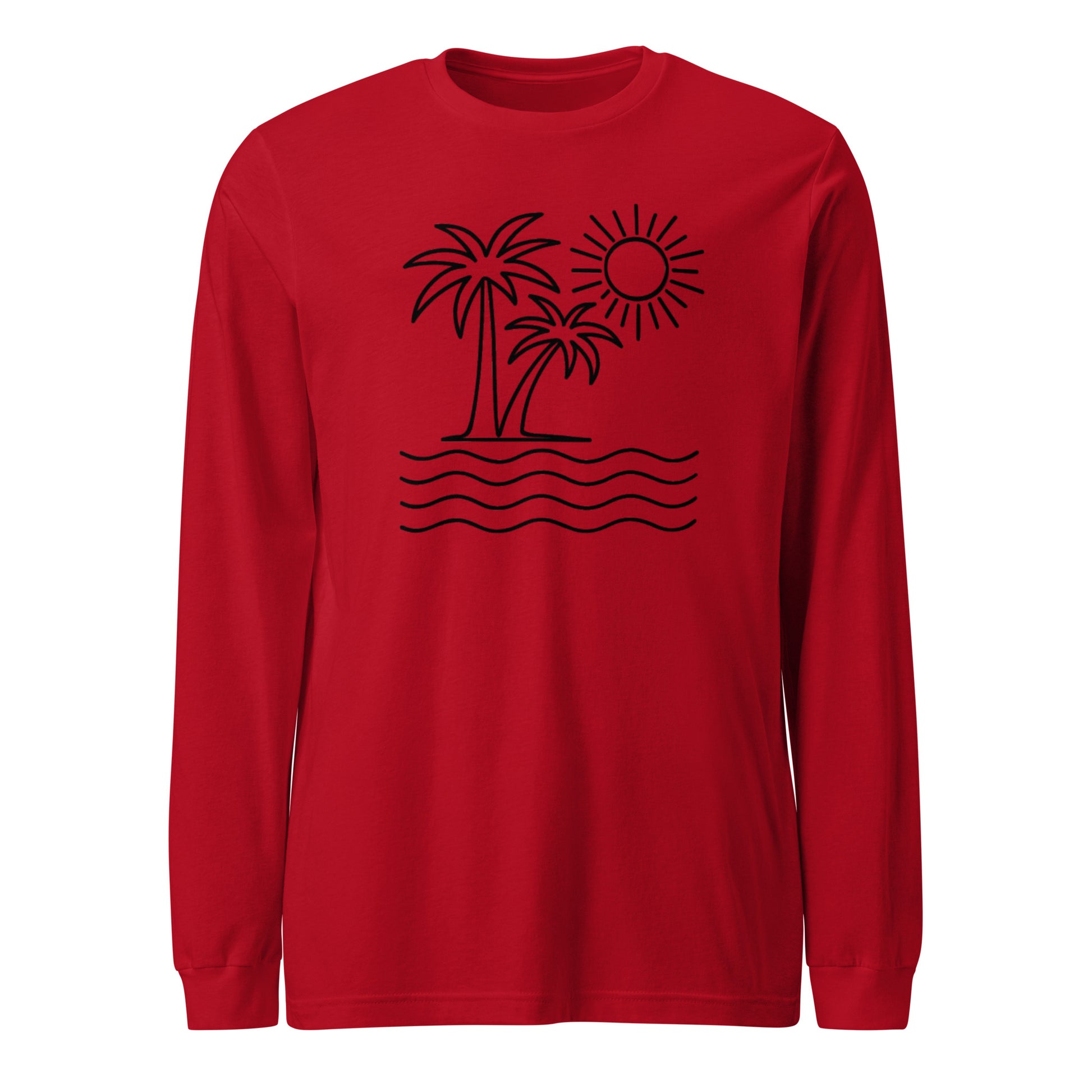 Red long-sleeve shirt with black palm tree and sun design on a white background