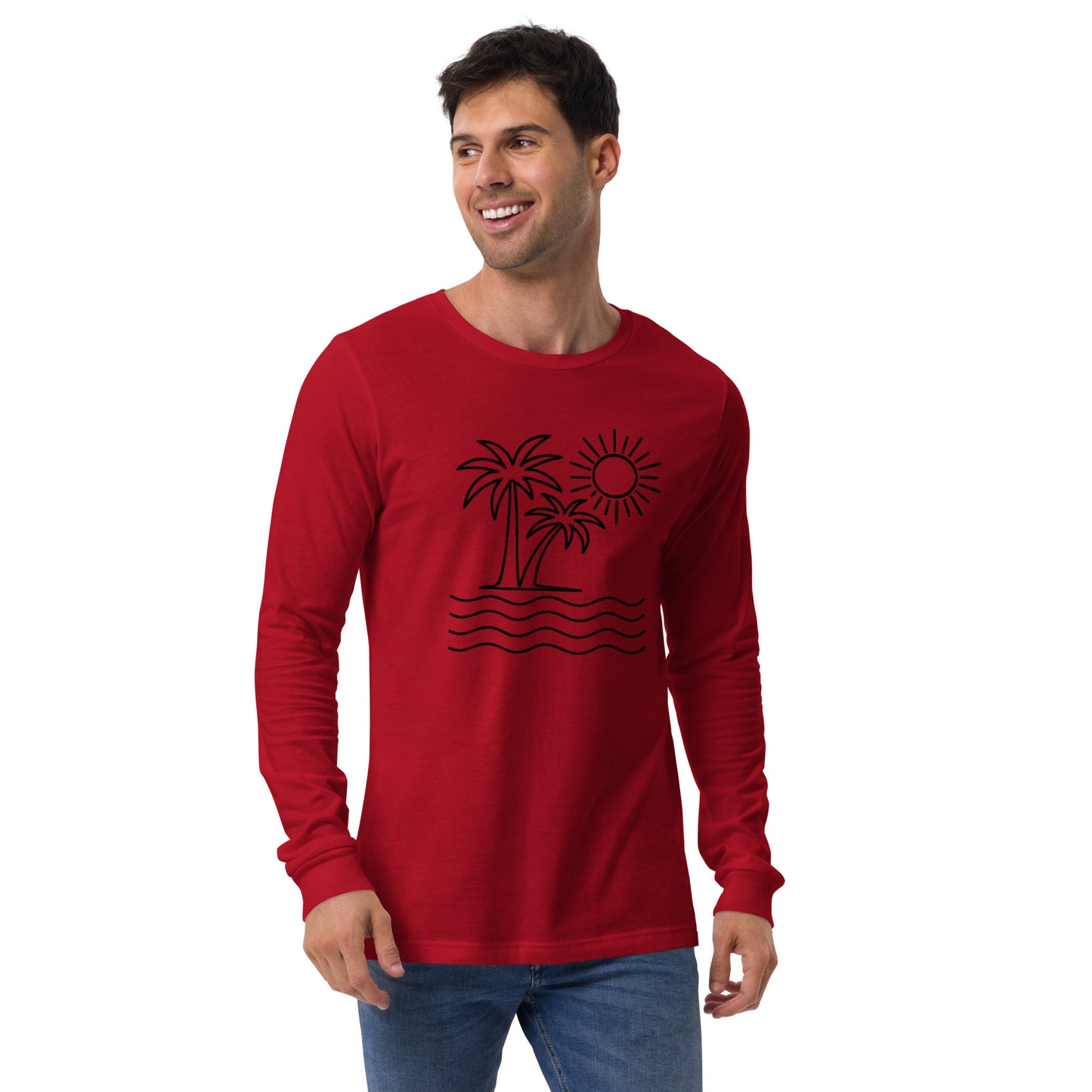 Man wearing a red long-sleeve shirt with a black palm tree and sun design on a white background