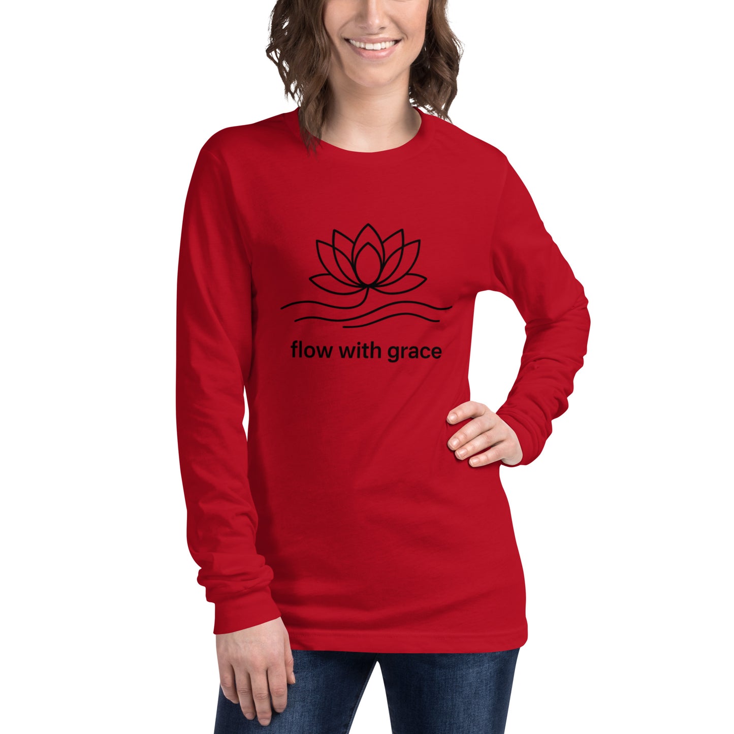 woman wearing red Flow With Grace Long Sleeve Tee – Spiritual and Mindfulness