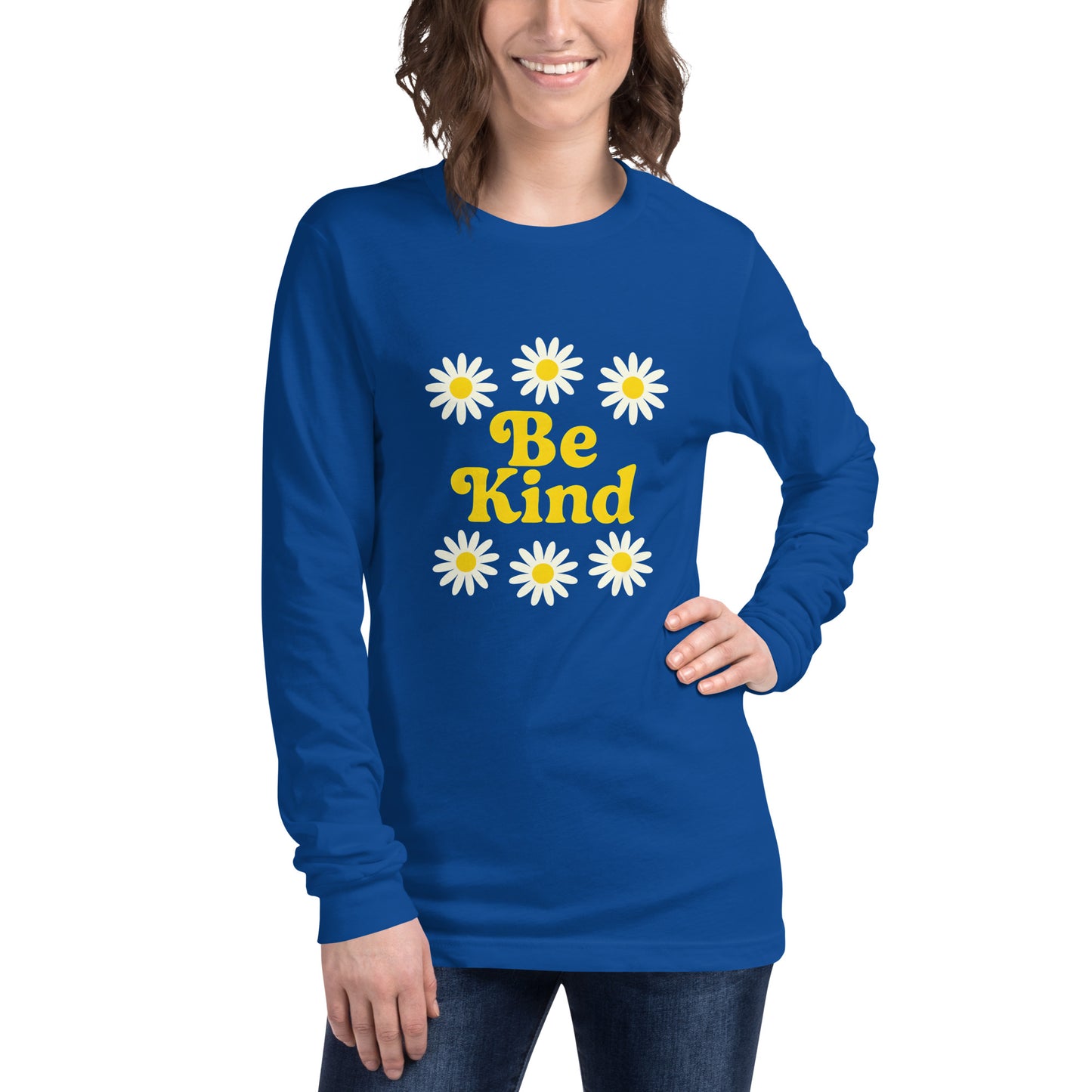 Person wearing a blue long-sleeve shirt with 'Be Kind' and daisy flowers on a white background