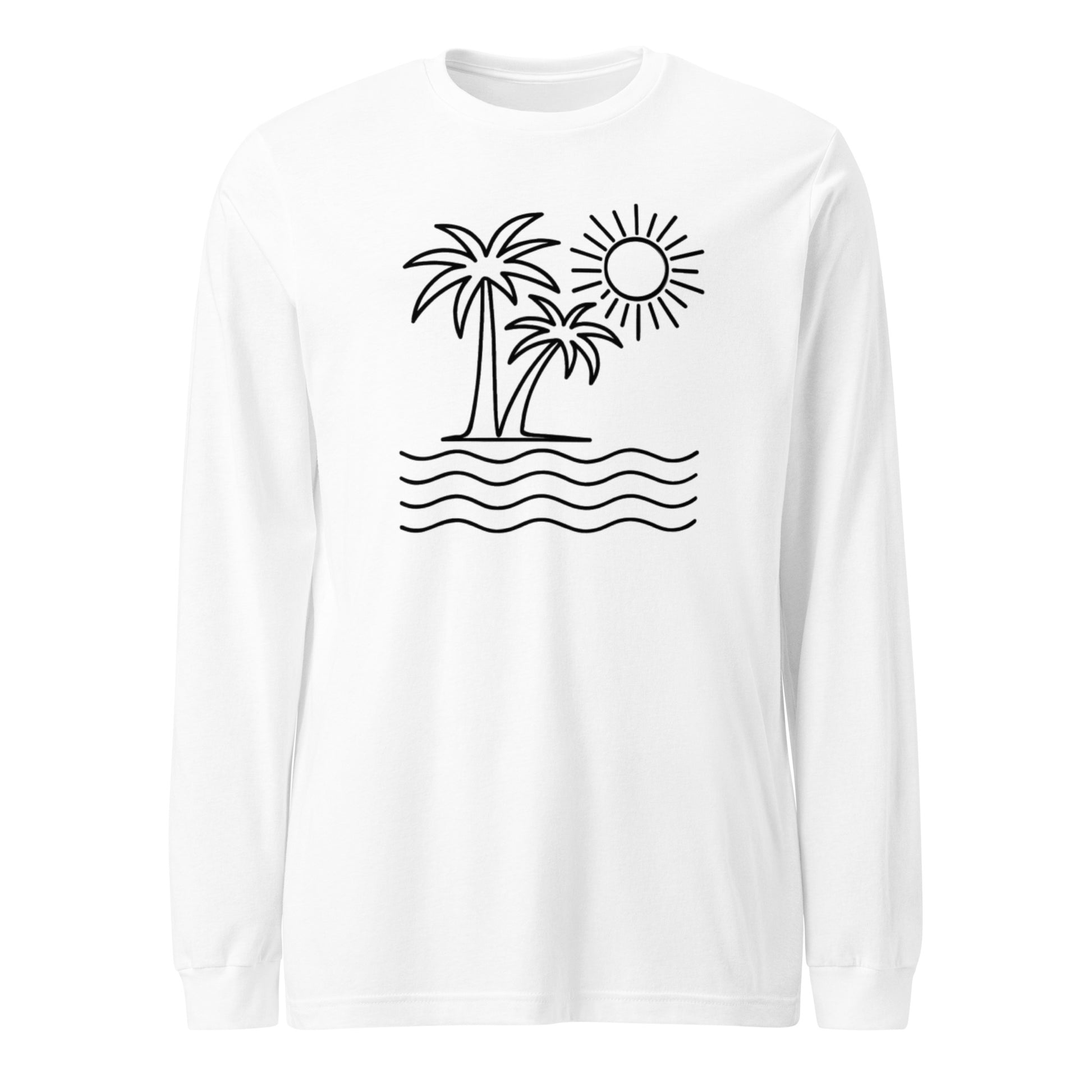 White long-sleeve shirt with black palm tree and sun design on a white background