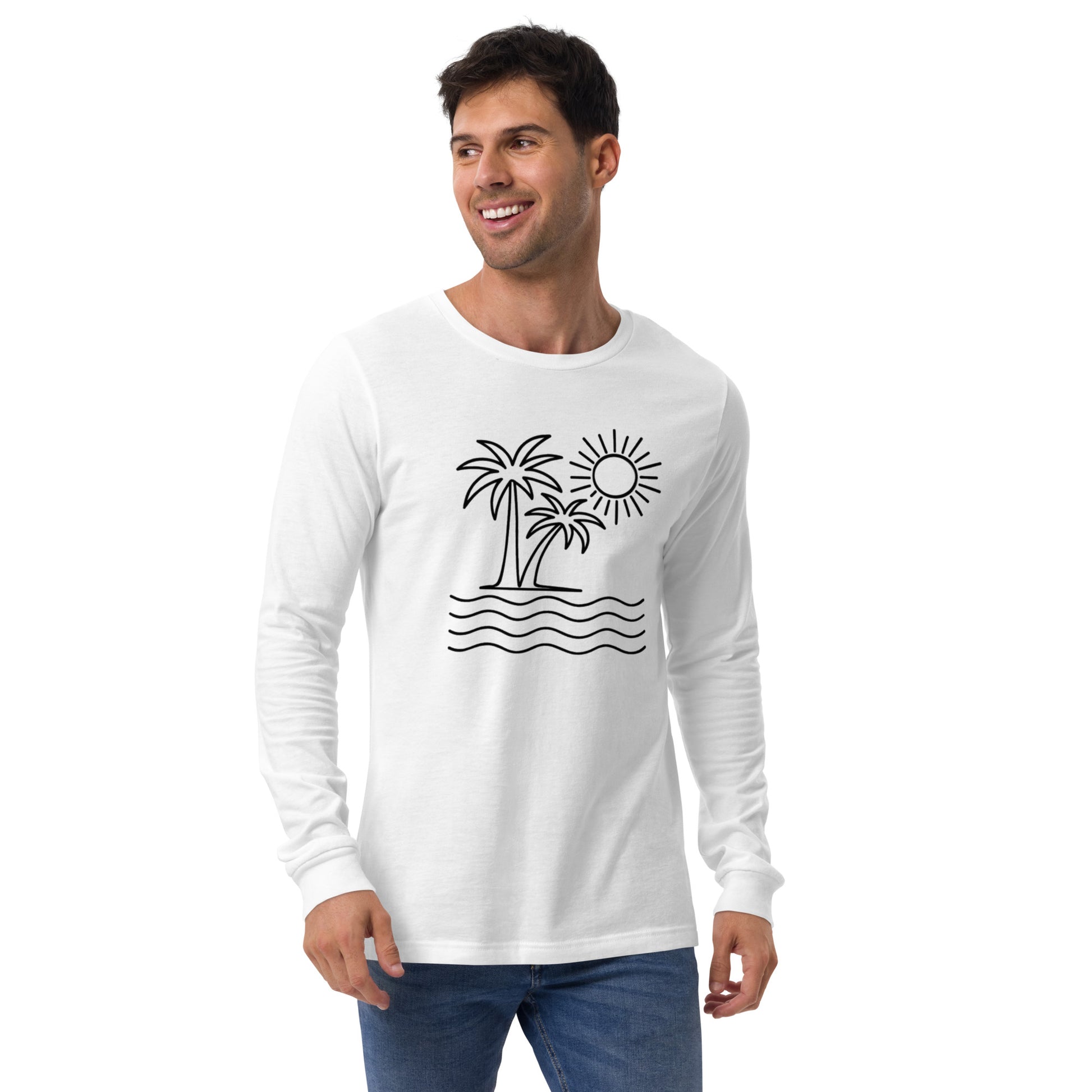 Man wearing a white long-sleeve shirt with a palm tree and sun design on a white background