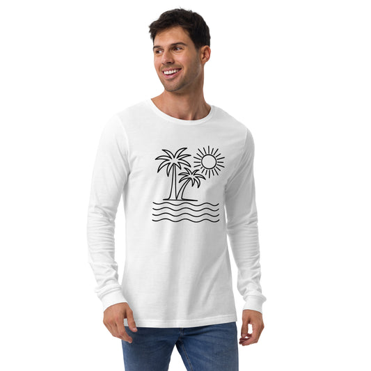 Man wearing a white long-sleeve shirt with a palm tree and sun design on a white background