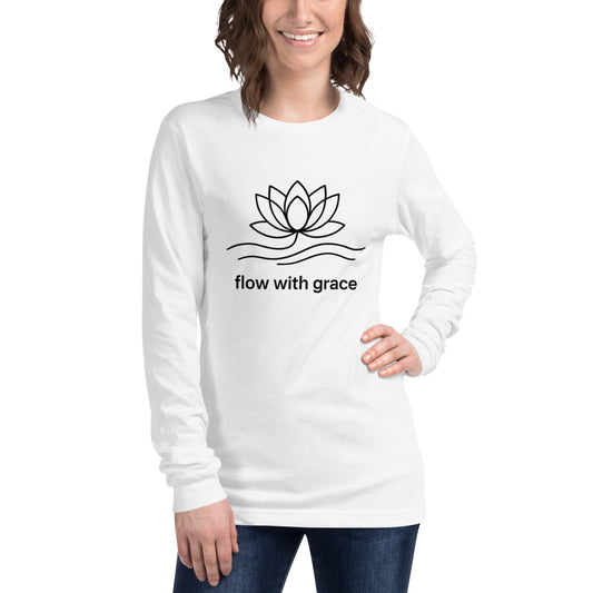 woman wearing white Flow With Grace Long Sleeve Tee – Spiritual and Mindfulness