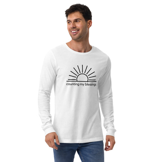 man wearing white Counting My Blessings – Unisex Jersey Long Sleeve Tee