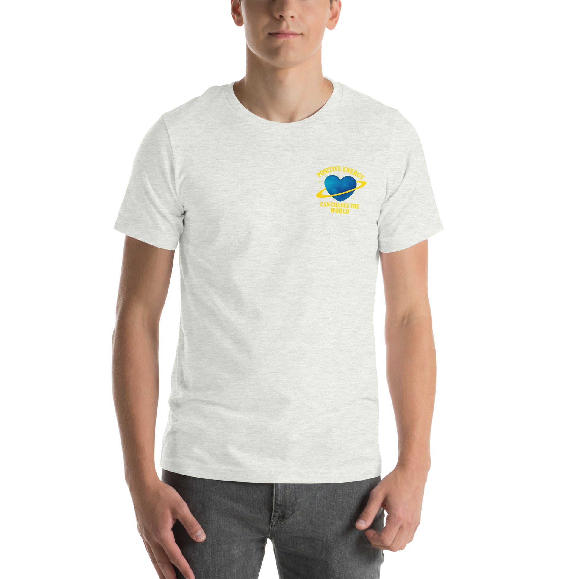 man wearing ash Positive Energy Heart Tee - Unisex Jersey T-Shirt