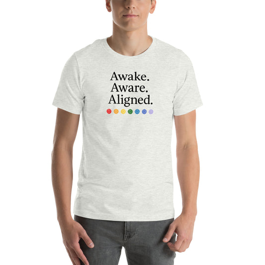 Man wearing gray Awake. Aware. Aligned. Unisex Jersey T-Shirt – Mindful Statement Tee